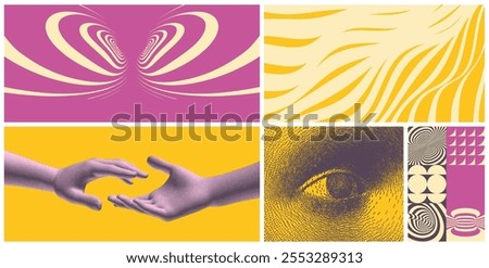 Abstract digital signal form. Reflection of sound waves. Striped background. Hands reaching towards each other. Concept of human relation, togetherness or  partnership. Eye. 3D vector for design.