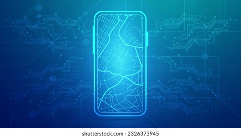 Abstract digital smartphone map GPS technology futuristic blue green background, Cyber science tech, communication future, Ai big data, internet network connection, Cloud hi-tech illustration vector