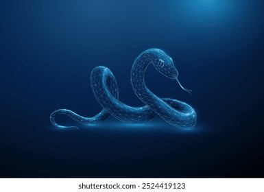 Ilustração de cobra digital abstrata em um fundo azul escuro. Design futurista de baixo estilo poli. Símbolo do ano de 2025. Estrutura de conexão leve wireframe. Conceito gráfico 3D moderno. Vetor.