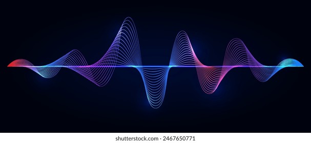 Abstract digital sound wave equalizer particle lines with red, purple, blue gradient on dark background. Design element for music, futuristic technology science decoration. EPS10 vector illustration.