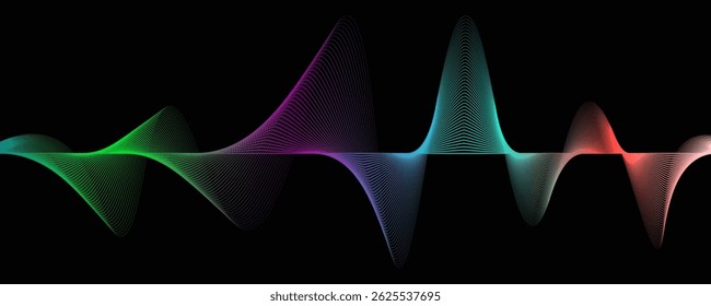 Abstract digital sound wave equalizer particle lines with red, purple, blue gradient on dark background. Design element for music, futuristic technology science decoration. EPS10 vector illustration