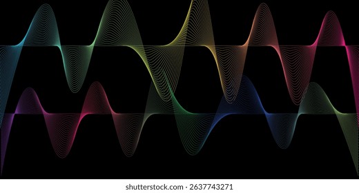 Abstract digital sound wave equalizer particle lines with red, purple, blue gradient on dark background. Design element for music, futuristic technology science decoration. EPS10 vector illustration.