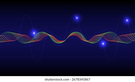 Abstractas espectro de ondas de sonido digital en colores rojo, verde y azul que brillan sobre un fondo oscuro, Ilustración vectorial