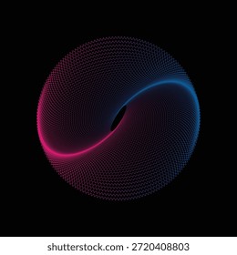 Abstrakte digitale Kugel mit leuchtend rosa und blauen Partikellinien auf schwarzem Hintergrund.