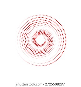 Espiral digital abstrata composta de partículas vermelhas e laranja, criando um efeito de vórtice dinâmico em um fundo branco.