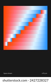 Escalera digital abstracta con rayas rojas y azules degradadas sobre fondo negro. Estética moderna, arte minimalista. Sueños de espacio virtual. Diseño vectorial para portada creativa, póster y anuncio.