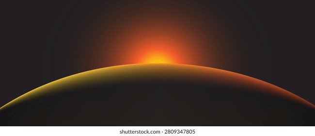 Abstract digital sunrise planet horizon background. Minimalist vector illustration of glowing sun burst or solar flare over dark curvature for space banner, sci-fi backdrop, or tech wallpaper.