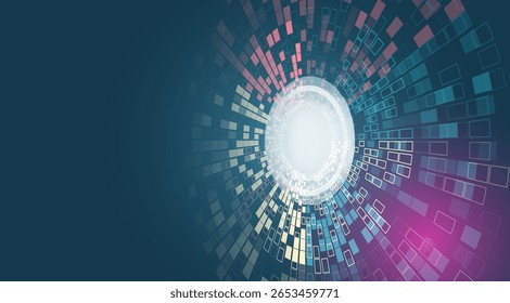 Abstract digital swirl with colorful rectangles on a dark background. Futuristic multicolor design is perfect for technology, data flow and innovation concepts.