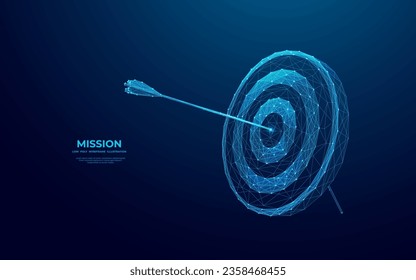 Abstract digital target with an arrow in the center. Growth strategy or financial goal concept. Futuristic low poly wireframe vector illustration on blue technology modern background. The bull's eye.