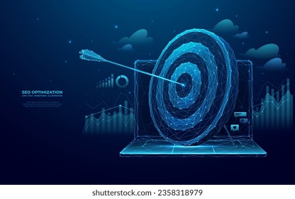 Abstract digital target with an arrow on a laptop screen. SEO optimization, SMM, and Goal Achievement concepts. Strategy and planning website banner on technology blue background. Futuristic low poly 