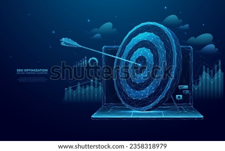 Abstract digital target with an arrow on a laptop screen. SEO optimization, SMM, and Goal Achievement concepts. Strategy and planning website banner on technology blue background. Futuristic low poly 