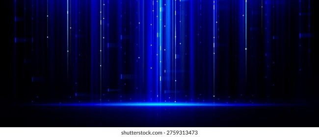 Abstract digital tech background with glowing blue vertical lines and scattered light particles on dark surface. Data pattern with futuristic ai interface atmosphere for modern technology design.