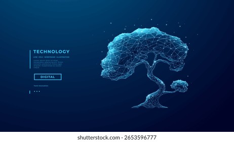 Árvore de tecnologia digital abstrata em estilo de arampo de baixa poly no fundo da tecnologia azul escuro. Negócio de crescimento e conceito de evolução. Árvore poligonal. Inovação na agricultura da IA. Ilustração vetorial.