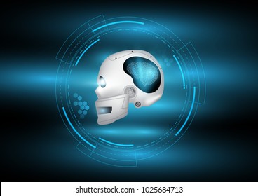 Abstract digital and technological background. Artificial Intelligence robot in the experimental laboratory which displayed by hologram style that can use to present the new business and innovation.