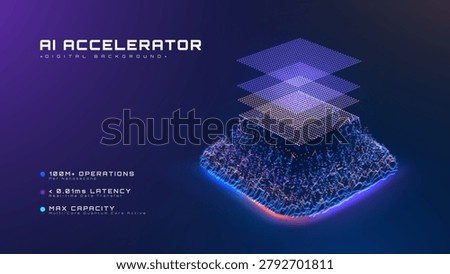 Abstract digital technology background with a 3D glowing AI accelerator chip, showing a future smart computing concept and deep learning network. Vector illustration.