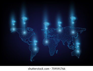 Abstract digital and technology background. Artificial Intelligence with world map that represent communication of machine learning.