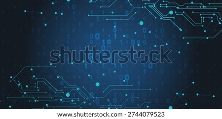 Abstract digital technology background with binary code, circuit board patterns, and network connection lines. Ideal for science, data, and futuristic concepts.