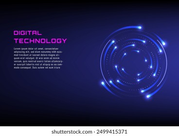 Abstractas fondo de tecnología digital líneas de luz azul a la derecha que se mueve en un círculo, al final hay una luz que brilla en el medio, hay un elemento a la izquierda, hay espacio para colocar texto.