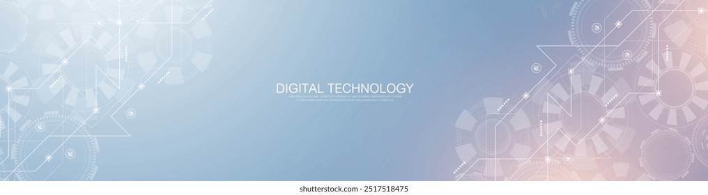 Abstract digital technology background with circuit board texture. Abstract gear wheel mechanism background. Engineering concept for poster, header, banner, website, presentation