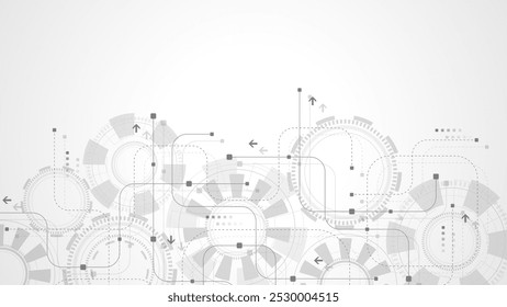 Abstrakter Hintergrund der digitalen Technologie mit Leiterplattenstruktur. Abstrakter Zahnradmechanismus, Hintergrund. Ingenieurkonzept für Poster, Header, Banner, Website, Präsentation