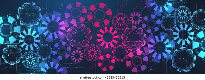 Fundo abstrato da tecnologia digital com textura de placa de circuito. Fundo abstrato do mecanismo da roda da engrenagem. Conceito de engenharia para cartaz, cabeçalho, banner, site, apresentação