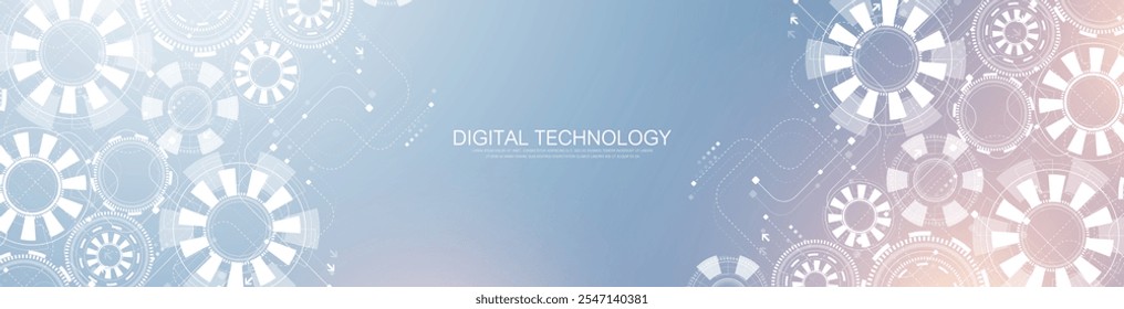 Abstract digital technology background with circuit board texture. Abstract gear wheel mechanism background. Engineering concept for poster, header, banner, website, presentation