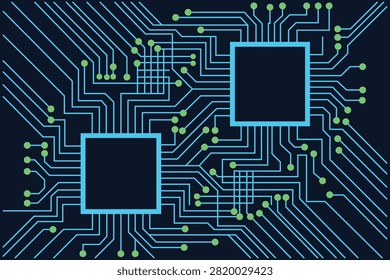 Abstract digital technology background with a circuit board pattern, featuring two central microchips connected by intricate blue lines on a dark background.