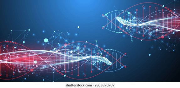 Abstract digital technology background with DNA helix structure and glowing neon light waves. Vector illustration.