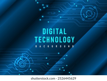 Abstract Digital Technology Background The electronic circuit has a circle of light dots and the elements between the empty lines in the center place the text. Blue gradient square bar below