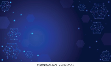 Abstract digital technology background featuring glowing blue hexagons and connected network nodes, ideal for innovation, science, research, and data themed designs