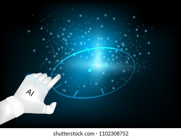 Abstract digital and technology background. Futuristic Artificial Intelligence with clock that represented time reduce in productive.