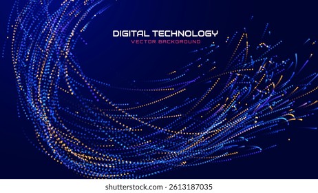 Abstract Digital Technology Background with Glowing Dots and Curved Light Trails, Perfect for Innovation, Data, and Futuristic Concepts. Modern Particle Motion. Vector Illustration.