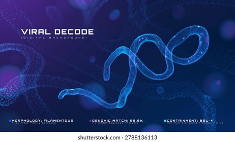 Abstract digital technology background with a glowing blue 3D Ebola virus structure, showing a microscopic medical concept of dangerous infection analysis. Vector illustration.