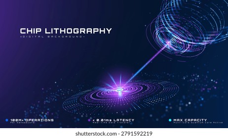 Abstract digital technology background with a glowing chip lithography laser, showing a future smart industry concept and advanced semiconductor manufacturing. Vector illustration.