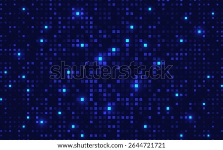 Abstract digital technology background with glowing blue pixel squares. Futuristic tech pattern. Data flow, science or cyber mosaic design. Vector Illustration.
