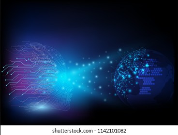 Abstract digital and technology background. Hologram of Artificial Intelligence with world communication and visualization. Machine Learning concept.