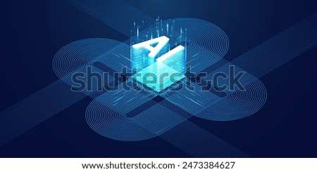 Abstract digital technology background. Isometric AI chip with AI hologram with circuit tech bg. Connected lines electric lightning. Bright light neon blue quantum CPU processor. Vector illustration.