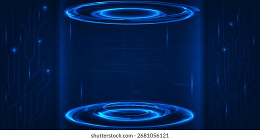 Fondo Abstractas de la tecnología digital con el pedestal azul brillante de neón o el escenario y el patrón del circuito. Conceptos futuristas de la tecnología. Ilustraciones vectoriales.