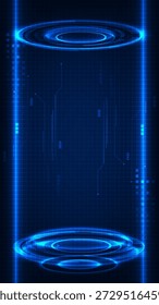 Abstrakter digitaler Technologiehintergrund mit neonleuchtendem blauem Sockel oder Bühne und Schaltungsmuster.Futuristische Technologiekonzepte.Vektorgrafiken.