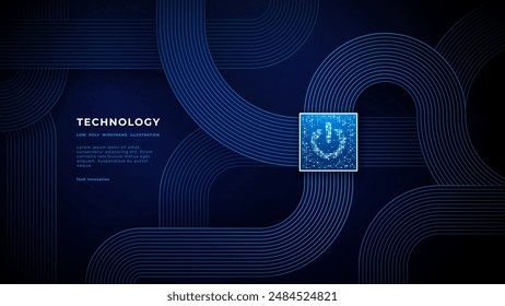 Abstract digital technology background. Power button or icon from glowing pixels on a semiconductor surface. AI chip. Light blue circuit flat cable. Tech bg. Innovation concept. Vector illustration.