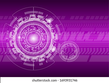 Abstract digital technology background. Purple banner with line and circle light effects. Vector illustration for graphic design, Hi-Tech and business.