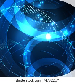 Abstract digital technology background, round shape with glowing effects on dark space