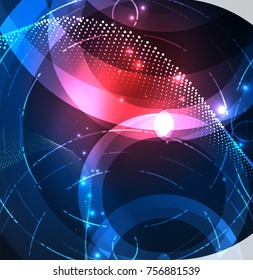 Abstract digital technology background, round shape with glowing effects on dark space