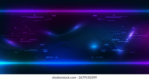 Fundo abstrato da tecnologia digital com wireframe de onda e padrões de circuito tecnológico digital.Conceitos de tecnologia futurista.Ilustrações vetoriais.