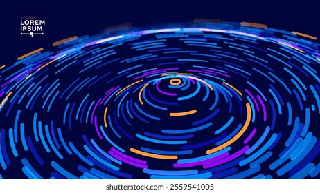 Abstract Digital Technology. Circles Data Flow. Futuristic Circular Sound Wave. Big Data Visualization. 3D Virtual Space VR Cyberspace. Crypto Currency Blockchain Concept. Vector Illustration.