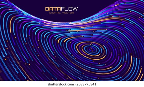 Abstract Digital Technology. Circles Data Flow. Futuristic Circular Sound Wave. Big Data Visualization. 3D Virtual Space VR Cyberspace. Crypto Currency Blockchain Concept. Vector Illustration.