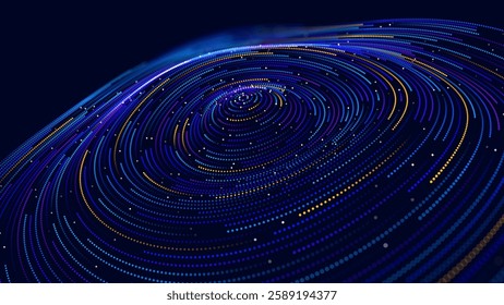 Abstract Digital Technology. Circles Data Flow. Futuristic Circular Sound Wave. Big Data Visualization. 3D Virtual Space VR Cyberspace. Crypto Currency Blockchain Concept. Vector Illustration.