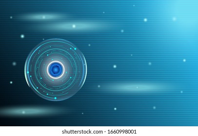 Abstract digital technology with circles, radius, lines, dots, rings and scientific futuristic interface. Various light lines on dark blue background vector illustration. Space for text. 