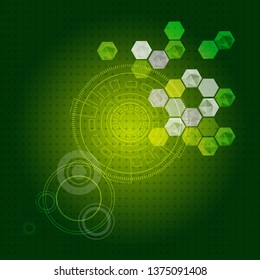 Abstract digital technology circuit, lines, circles, dots and square. concept technology, hexagon elements with corner. Circuit board plus on dark green background. vector illustration abstract