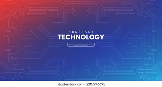 Abstract digital technology concept with circuit lines on orange red blue background